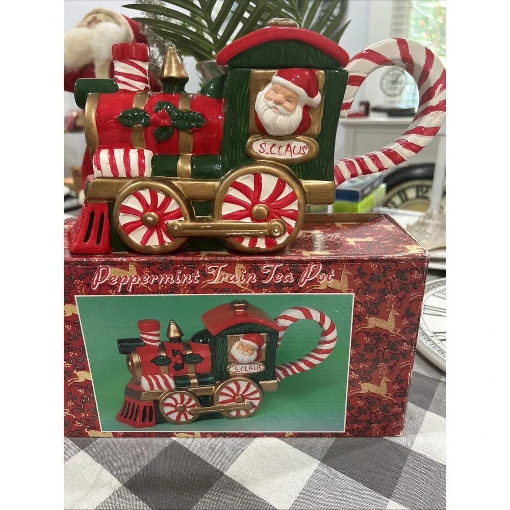 Vintage‎ Peppermint Santa Train Teapot In Box 1994 Hermitage Pottery WITH LID
